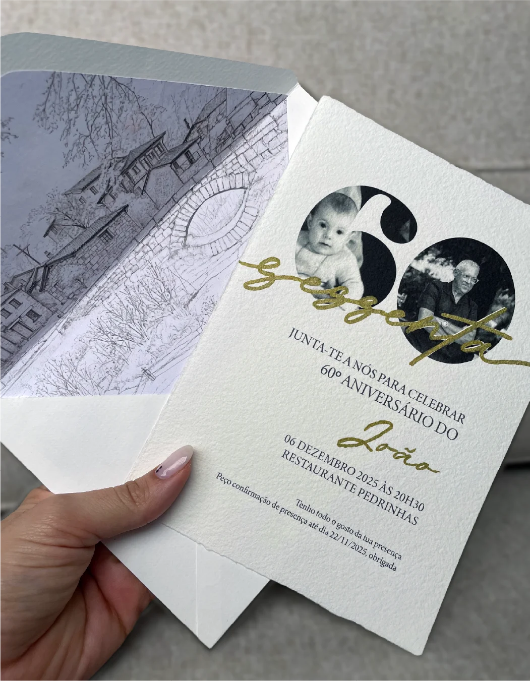 Envelope e convite da celebração 60 Anos — Uma Vida.
