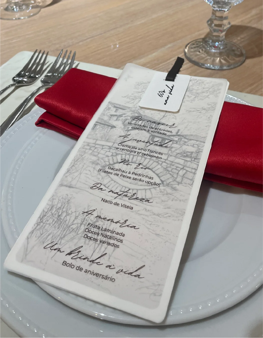 Menu da celebração com a linguagem visual do projeto.