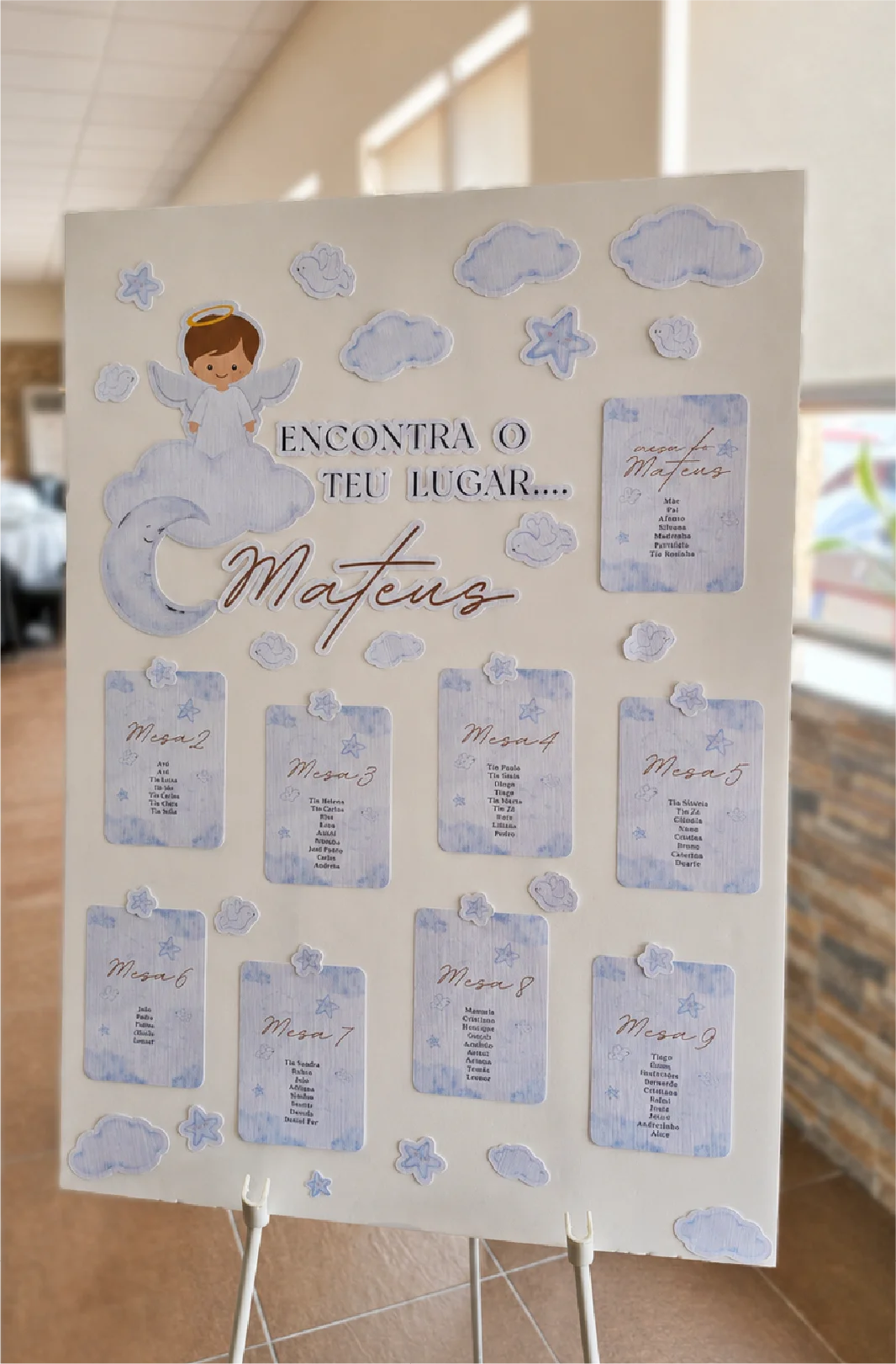 Seating plan do Batizado de Mateus com a linguagem visual do evento.