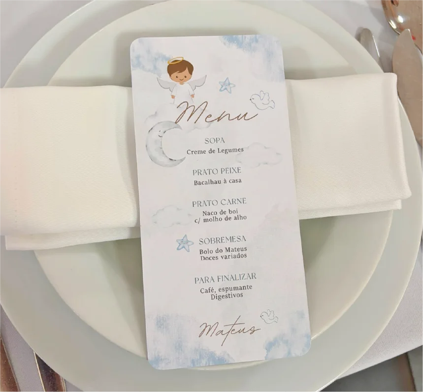 Menu personalizado do Batizado de Mateus.