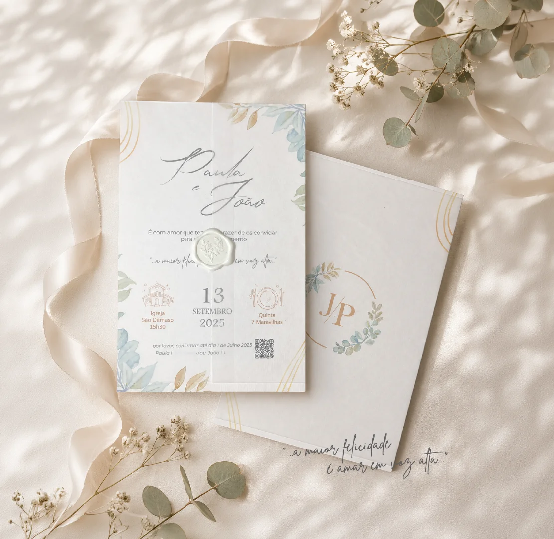 Convite do casamento J&P com monograma e elementos botânicos.