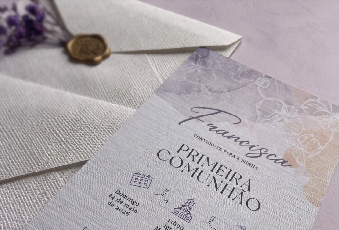 Convite e envelope da primeira comunhão da Francisca