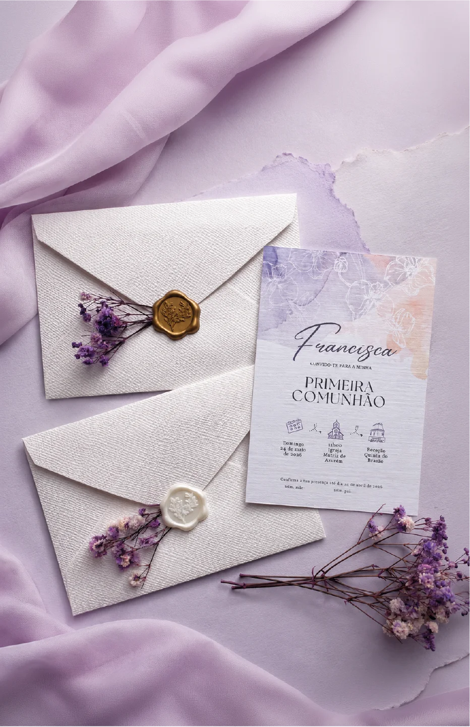Composição do convite e envelope da Primeira Comunhão da Francisca.