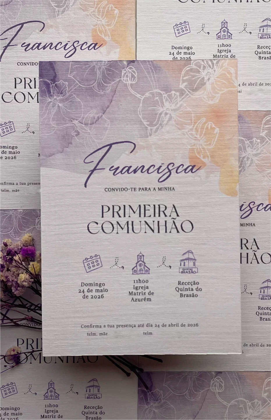 Convite da Primeira Comunhão da Francisca com elementos florais.