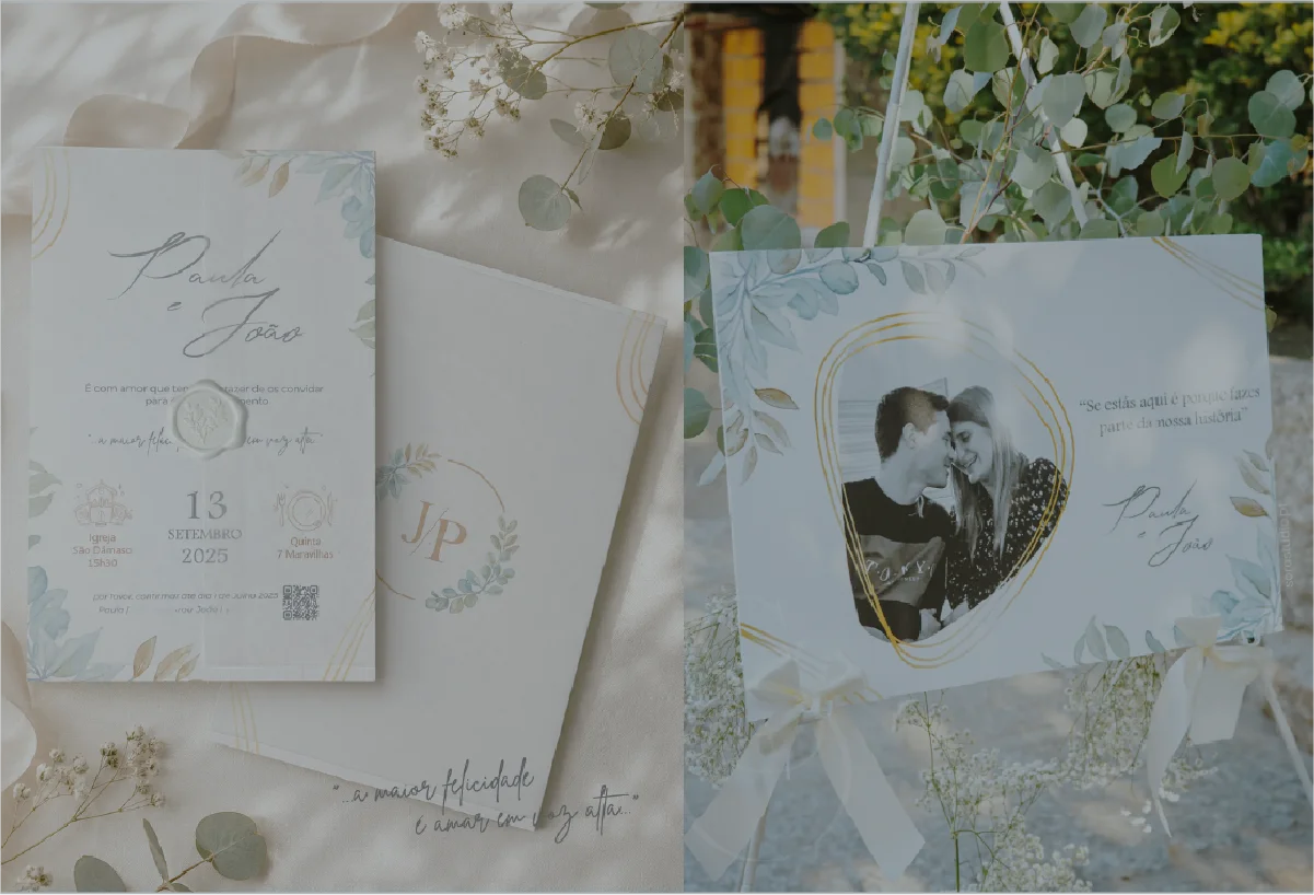 Convites e materiais gráficos do casamento de J&P.