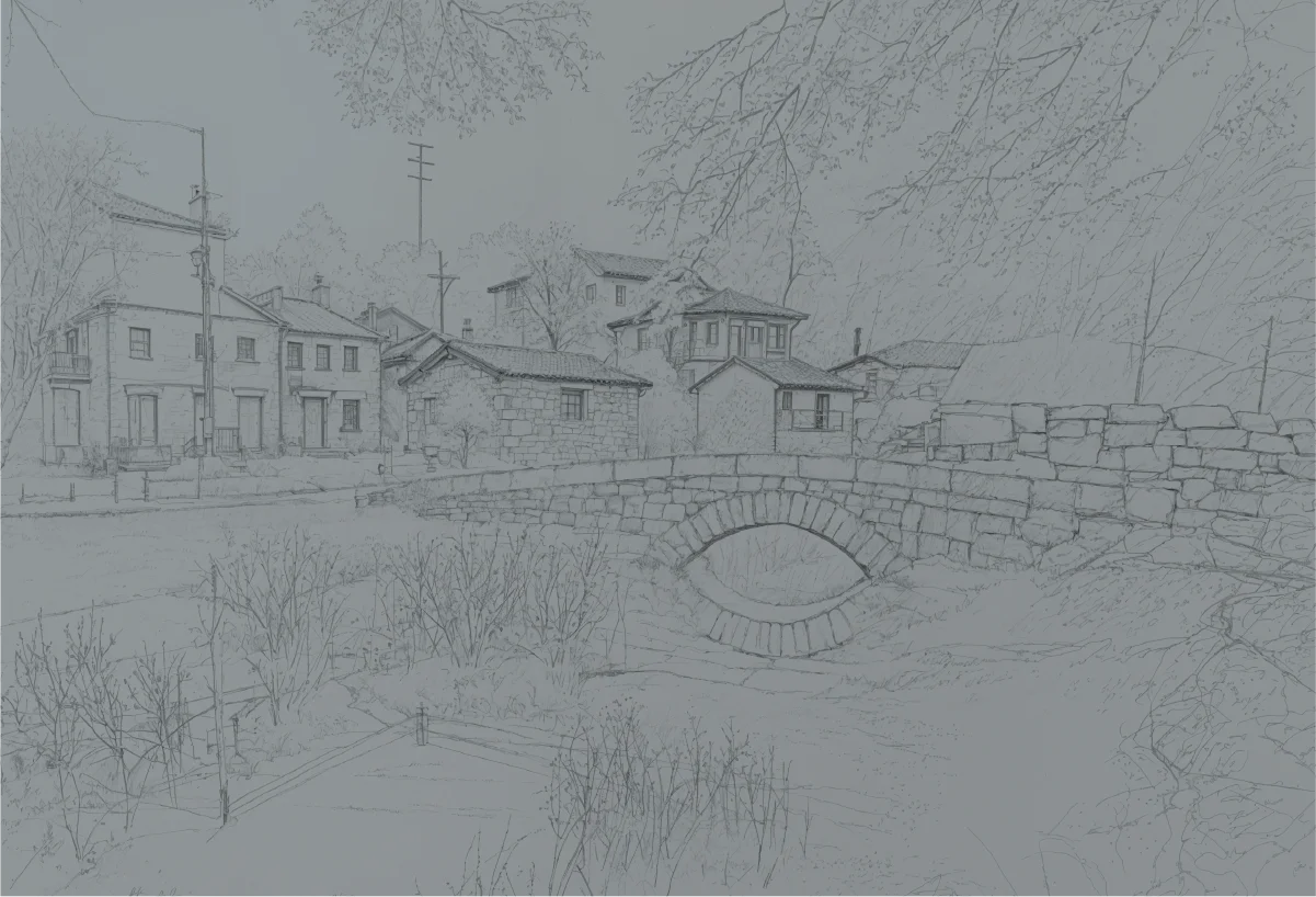 Ilustração monocromática de uma ponte e casas tradicionais para o projeto 60 Anos — Uma Vida.