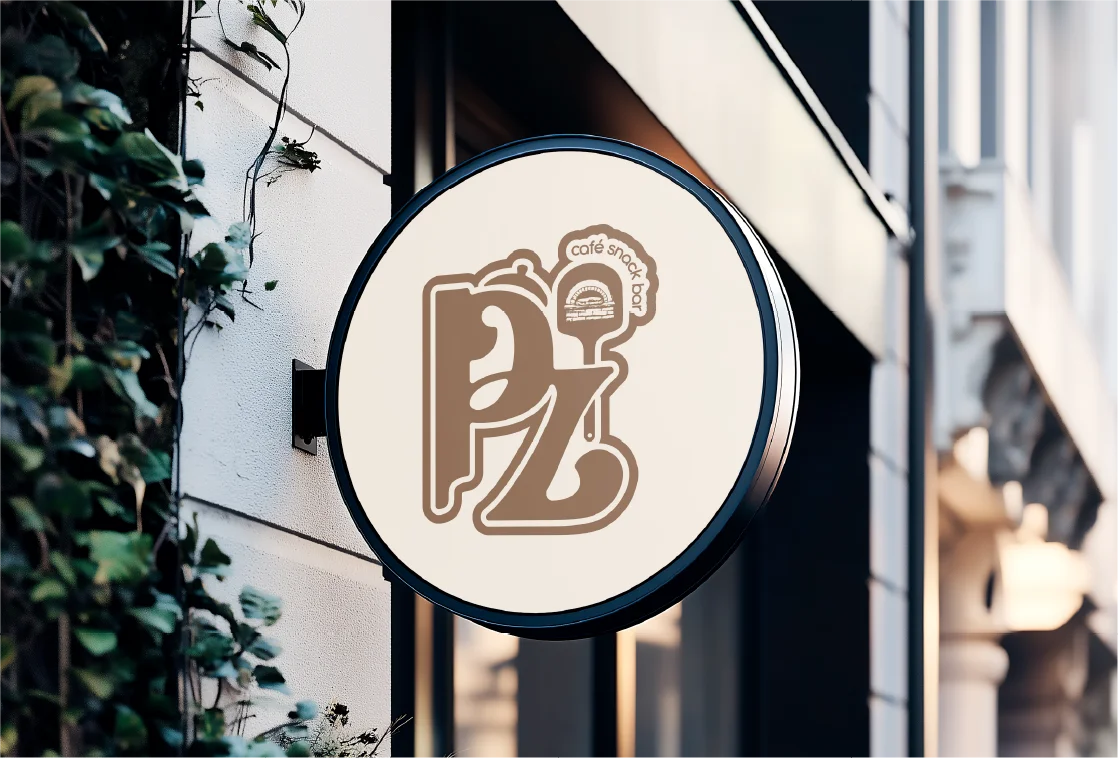 Letreiro exterior circular com a identidade visual do PZ Café Snack-Bar