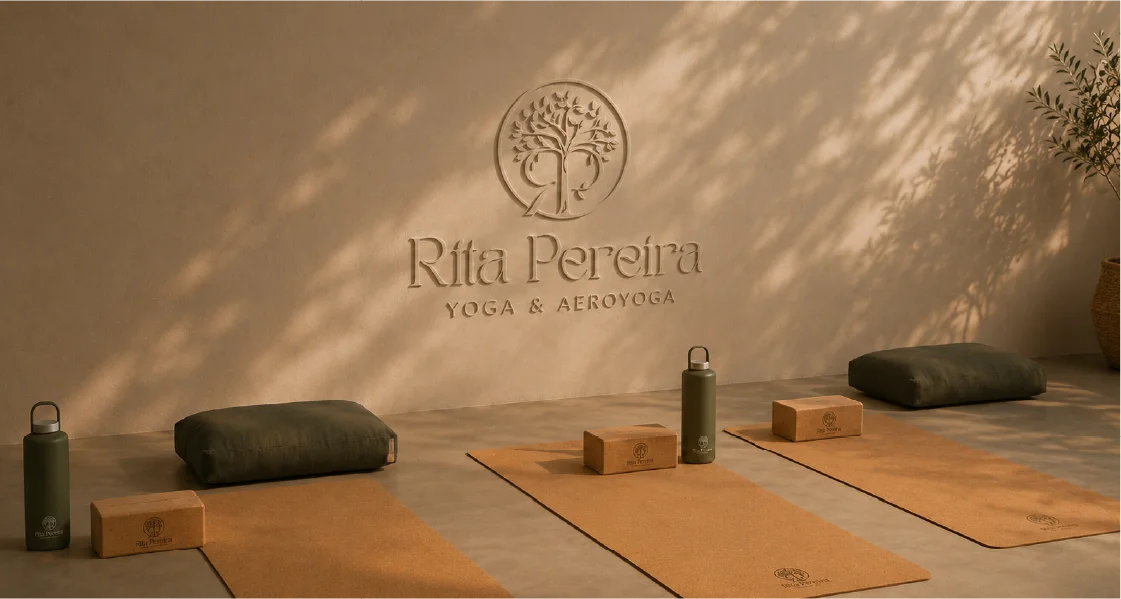 Espaço de yoga com a identidade Rita Pereira Yoga & Aeroyoga aplicada na parede e nos acessórios.